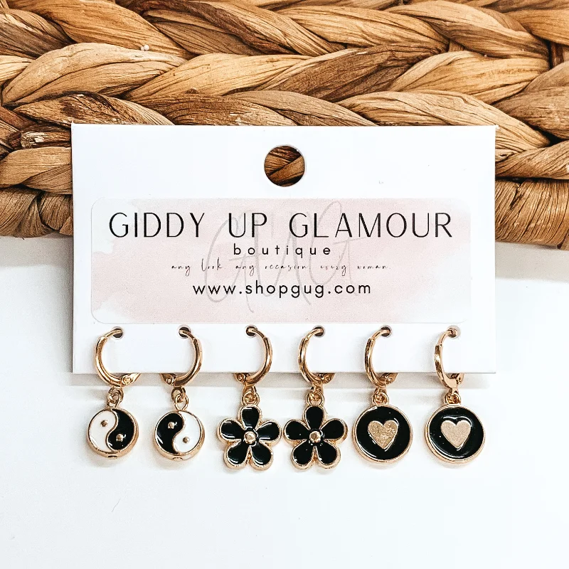 Luxury Pearl Earrings for Women-Gold Tone Hoop Huggie Earring Set with Black Groovy Charms