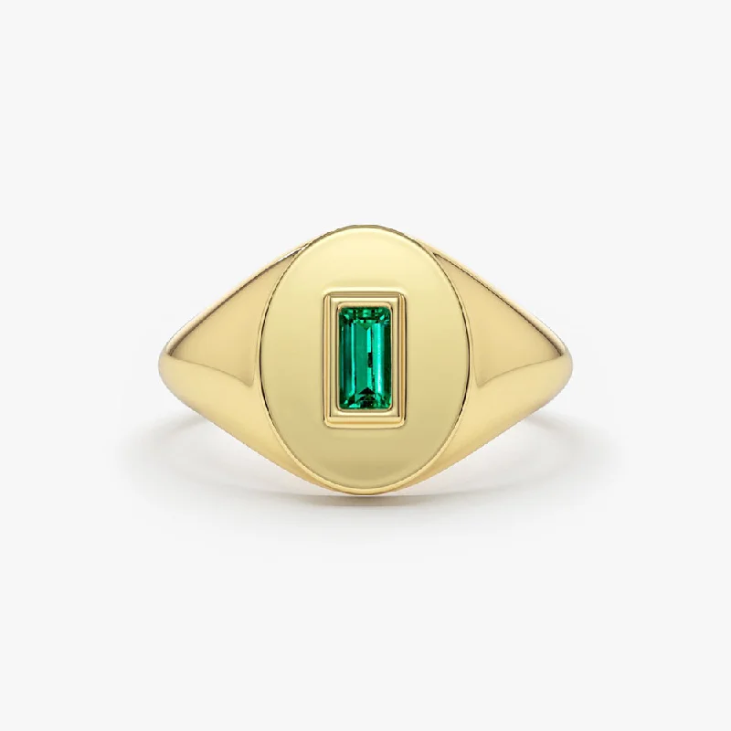 Vintage Engagement Rings with Colored Diamonds-14k Gold Baguette Emerald Signet Ring