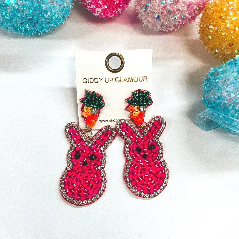 Sparkling Gemstone Drop Earrings for Women-Hoppin' Along Beaded Carrot Post Earrings with Bunny Peep Dangle in Pink