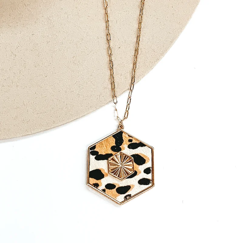 Geometric Crystal Earrings-Long Gold Chain Necklace with a Hexagon Pendant in Ivory Leopard Print