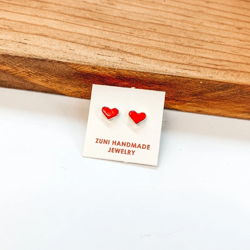 Trendy Gold Earrings for Women-Sarah Bowannie | Zuni Handmade Sterling Silver Heart Stud Earrings in Red Coral