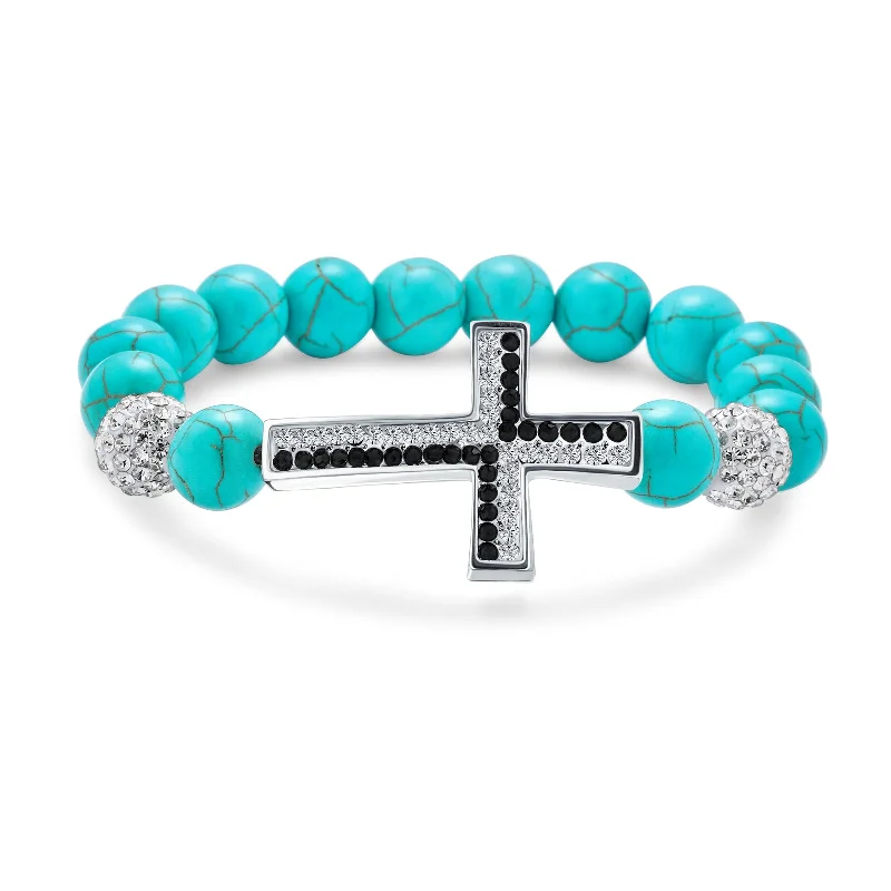 Stylish Beaded Bracelets for Women-Religious Cross Black Onyx Turquoise Crystal Stretch Bracelet for Men Silver Plated