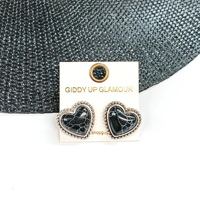 Trendy Gold Earrings for Women-Stone Heart Earrings in Black