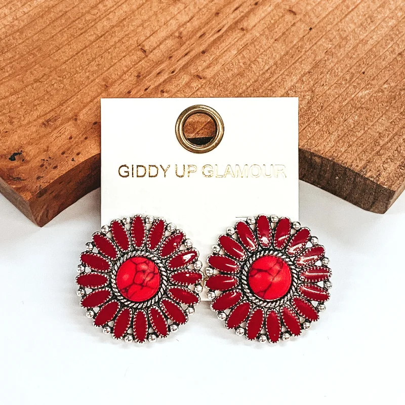 Simple Crystal Earrings for Women-Circle Concho Cluster Epoxy Stud Earrings in Red