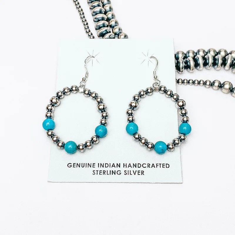 Silver Hoop Drop Earrings-Mason Lee | Navajo Handmade Sterling Silver Navajo Pearl and Sleeping Beauty Turquoise Triple Stone Hand Strung Circle Earrings