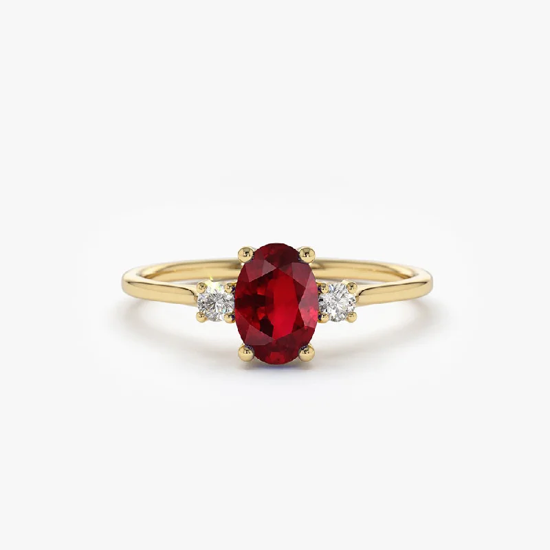 Designer Custom Engagement Rings-14k Oval Shape Ruby and Diamond 3 Stone Ring