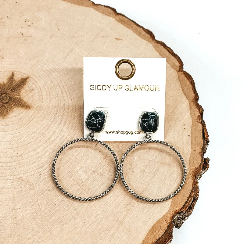 Personalized Silver Earrings for Women-Soulful Look Circle Drop and Stone Post Silver Earrings in Black