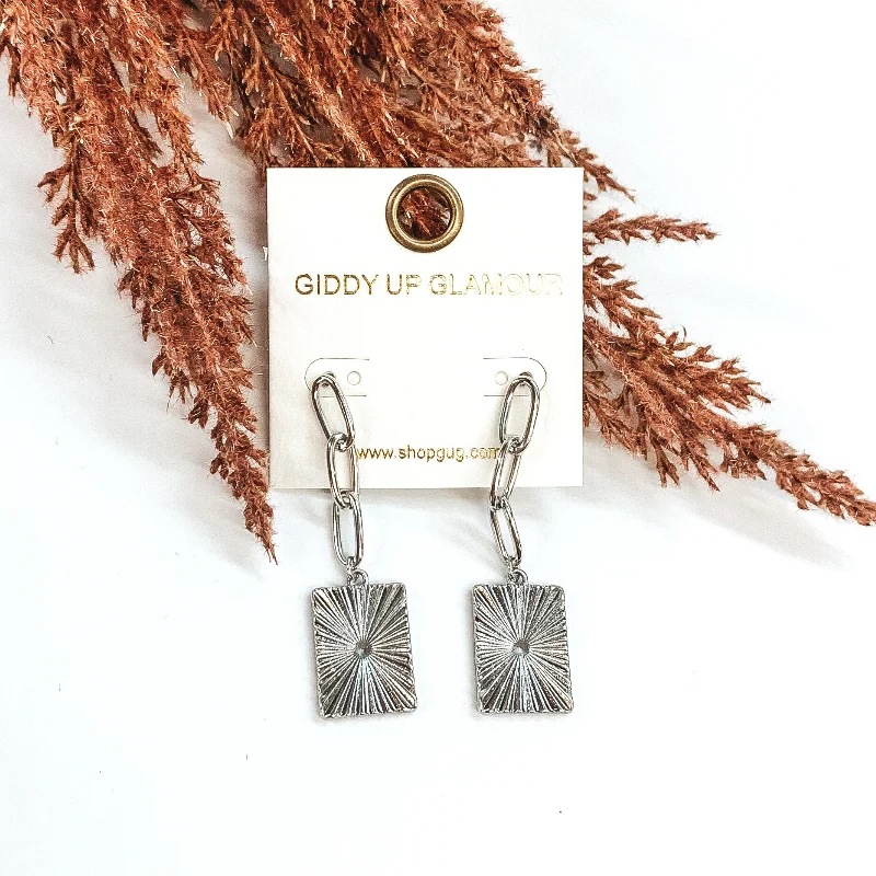 Sparkling Drop Stud Earrings-Chain Earrings with Rectangle Pendant in Silver