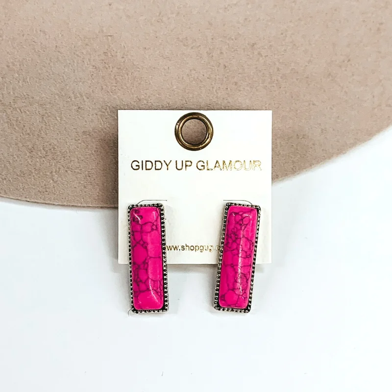 Designer Drop Earrings-Medium Rectangle Faux Stone Silver Tone Earrings in Pink