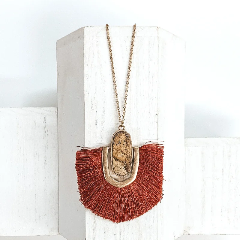 Simple Hoop Earrings for Women-Long Gold Chain Necklace with a Semi Precious Oval Pendant and Fringe in Rust