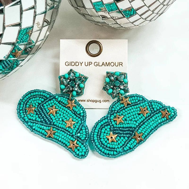 Gold and Diamond Earrings-Beaded Cowboy Hat Earrings with Gold Stars in Turquoise