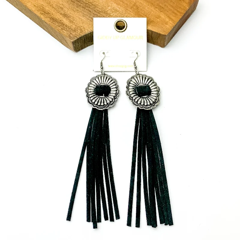 Custom Hoop Earrings-Silver Tone Concho Dangle Earrings with Black Tassels