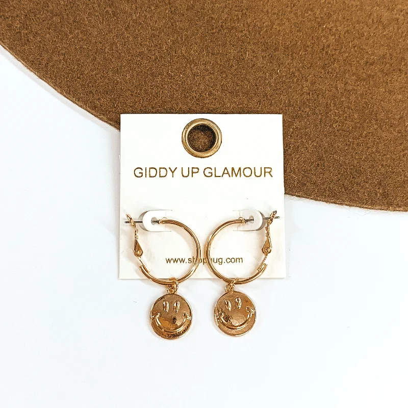 Sparkling Gold Earrings for Women-Dainty Gold Hoops with Hanging Happy face Charm