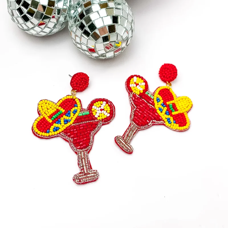 Custom Gemstone Earrings-Cocktail Glass in Red with a Sombrero Hat Earrings