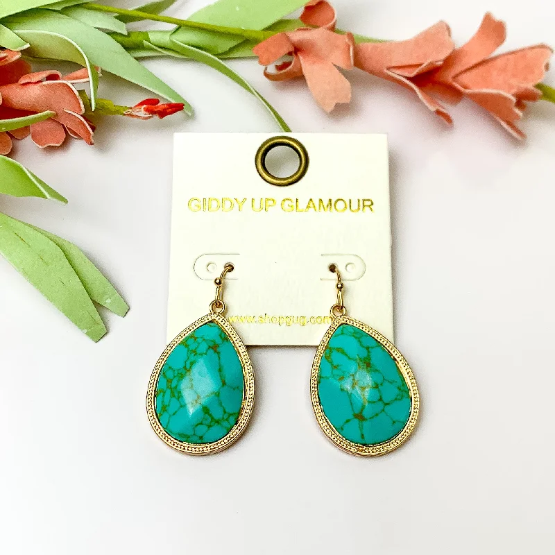 Custom Hoop Earrings-Turquoise Drop Earrings with Gold Tone Outline