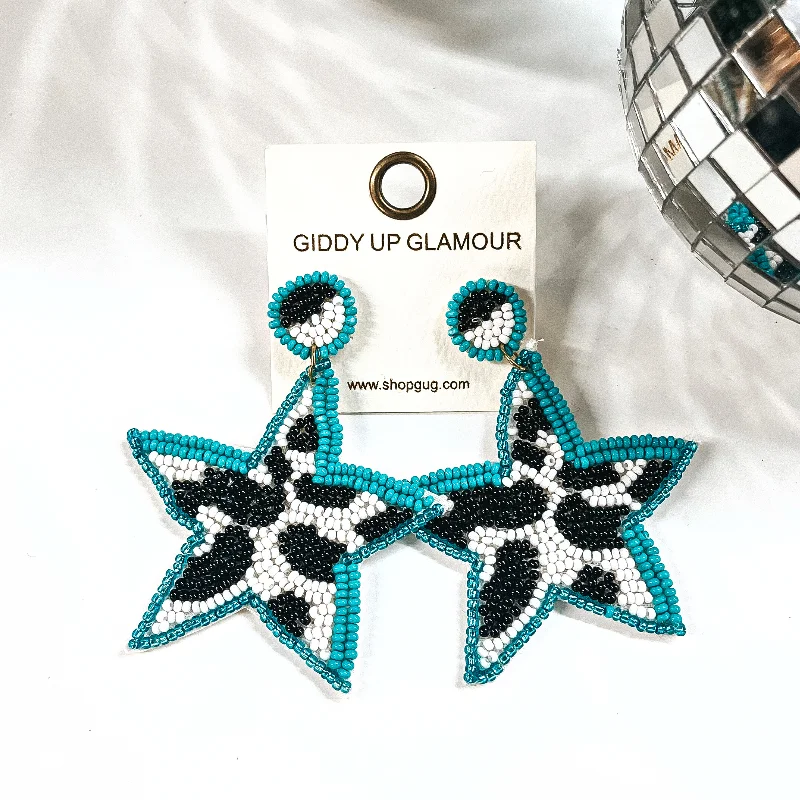 Large Gemstone Drop Earrings-Stars In Your Eyes Cow Print Beaded Star Earrings in Turquoise