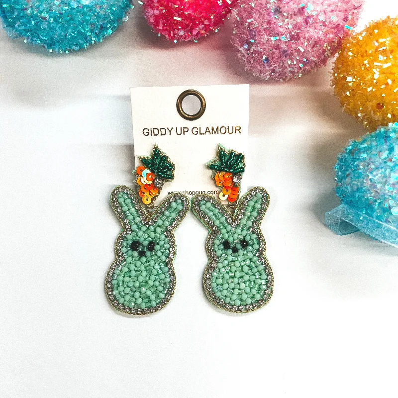 Crystal Dangle Earrings for Women-Hoppin' Along Beaded Carrot Post Earrings with Bunny Peep Dangle in Mint