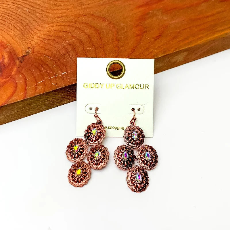 Trendy Drop Hoop Earrings-Western Concho Earrings with AB Stones in Copper Tone