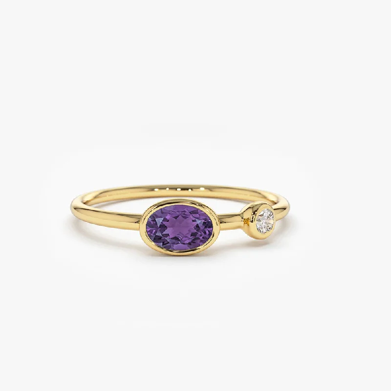 Custom Designer Promise Rings-14K Gold Oval Shape Amethyst and Diamond Ring