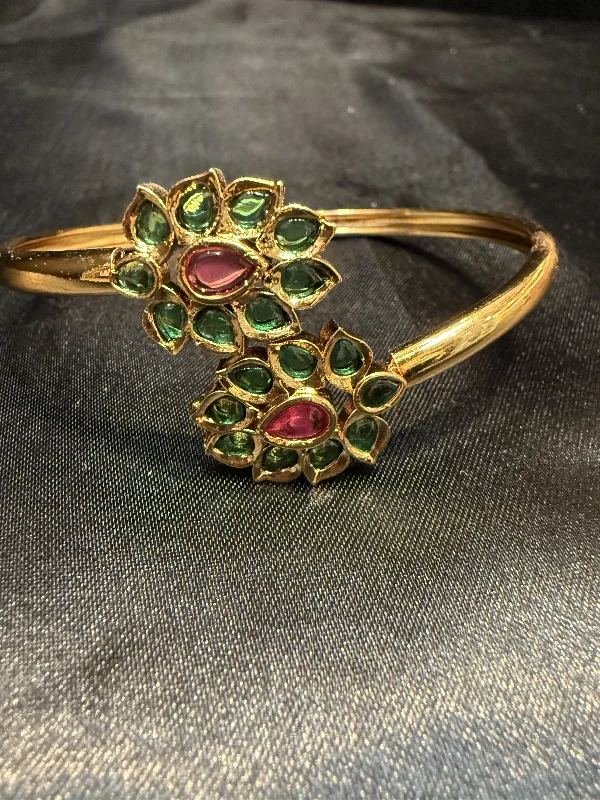 Vintage Leather Bracelets for Men-Beautiful Gold Plated With Green And Hot Pink Stone Bracelet With Flower Design