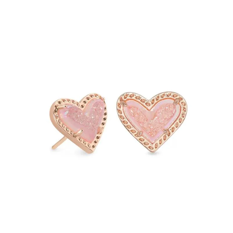 Simple Drop Earrings for Women-Kendra Scott | Ari Heart Rose Gold Stud Earrings in Light Pink Drusy