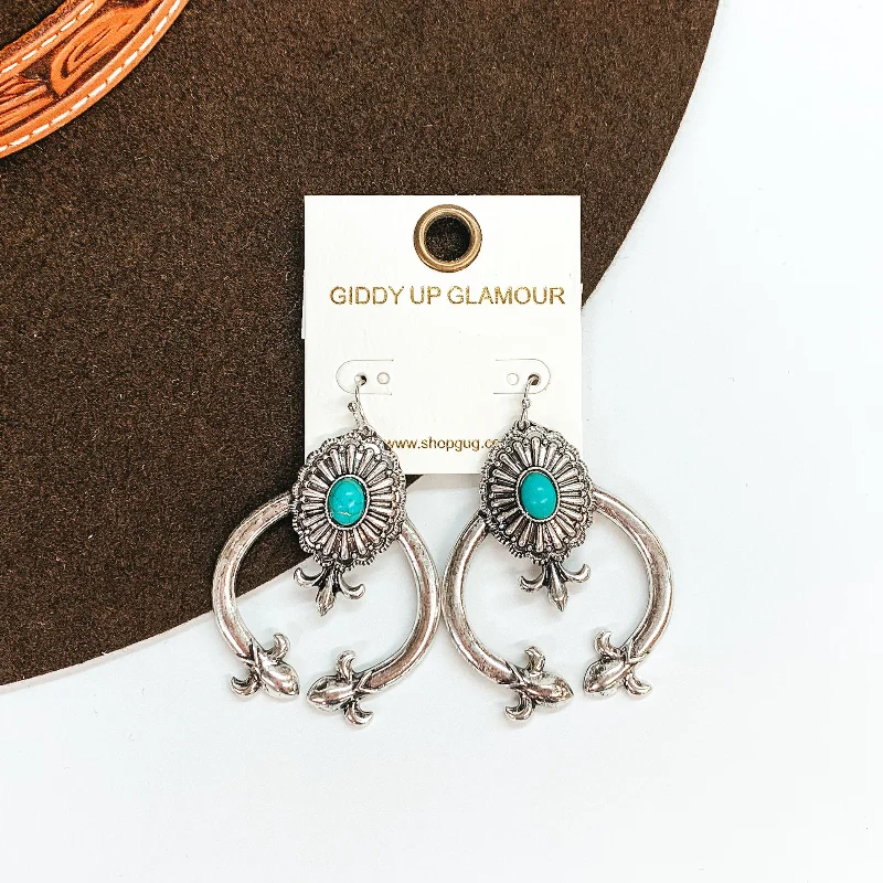 Designer Drop Earrings-Coming in First Squash Blossom Earrings with Concho and Oval Stone in Turquoise