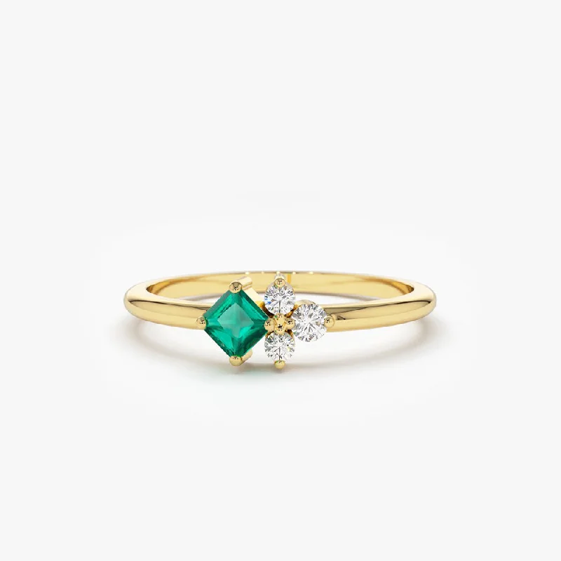 Custom Gemstone Promise Rings-14K Dainty Princess Cut Emerald and Diamond Ring