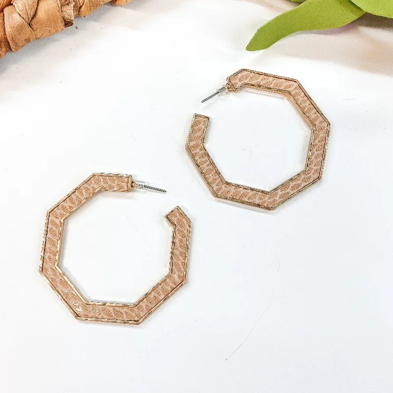 Modern Drop Earrings-Octagon Hoop Earrings in Tan Snake Print