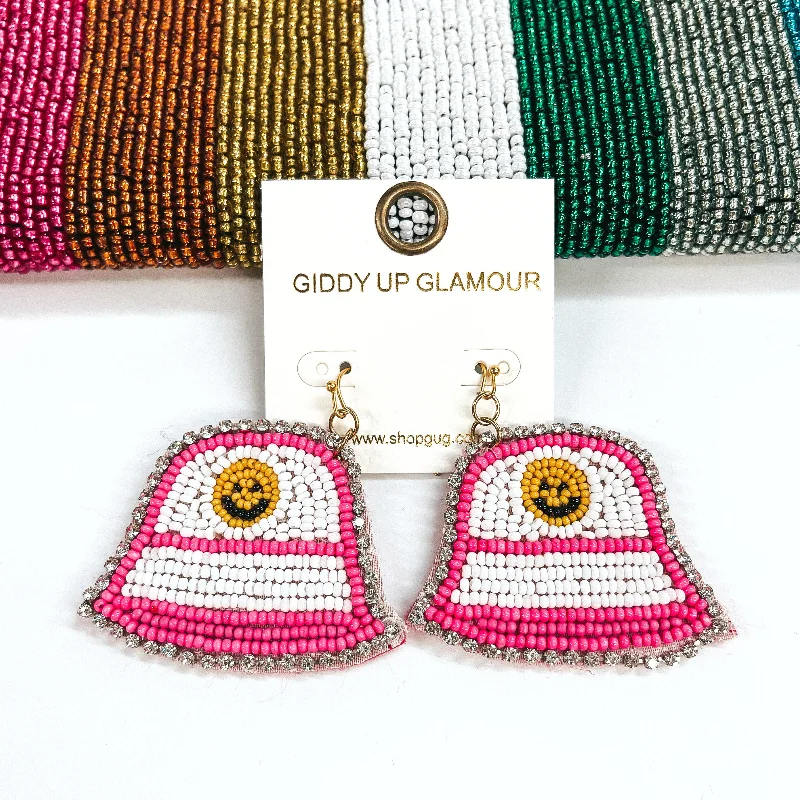 Geometric Gemstone Earrings for Women-Time To Travel Bucket Hat Beaded Earrings with Happy Face and Clear Rhinestones in White and Hot Pink