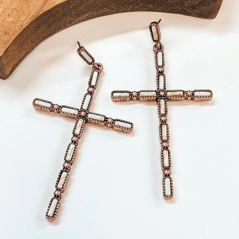 Simple Crystal Earrings for Women-Western Cross Earrings in Copper Tone with Faux Ivory Stones