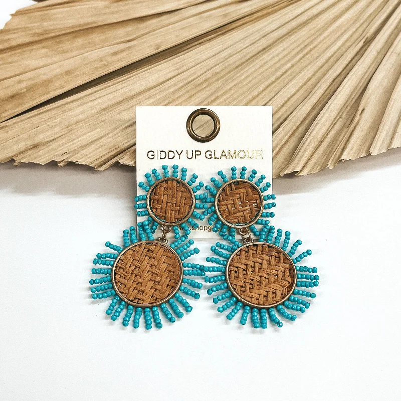 Simple Drop Stud Earrings-Seafront Views Two Tiered Woven Gold Circle Drop Earrings with Seedbeads in Turquoise