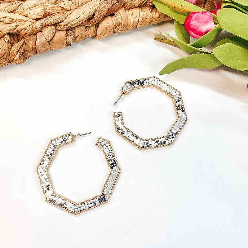 Personalized Hoop Earrings-Octagon Hoop Earrings in White Snake Print