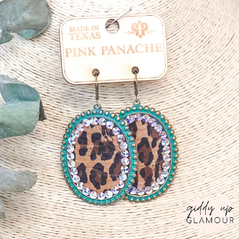 Designer Hoop Earrings-Pink Panache | Turquoise Oval Earrings with Leopard Print Inlay and AB Crystals