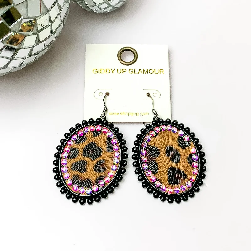 Geometric Crystal Earrings-Black Oval Earrings with Leopard Print Inlay and Black Crystal Outline