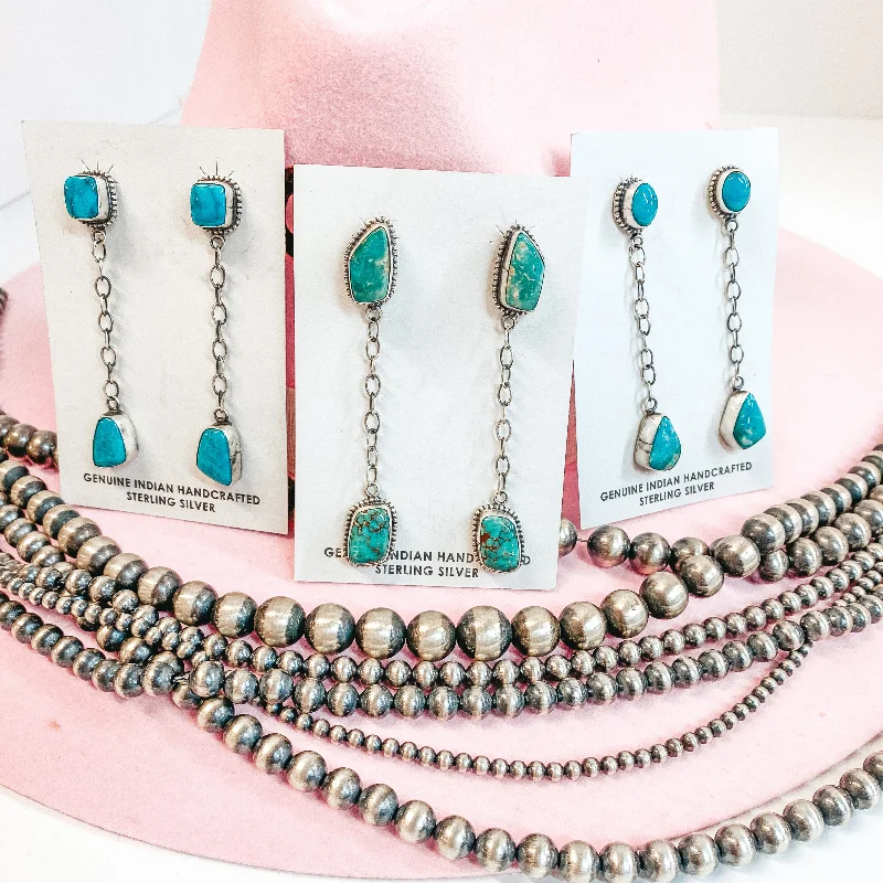 Designer Hoop Earrings-Tricia Smith | Navajo Handmade Sterling Silver Chain Drop Earrings with Kingman Turquoise Studs