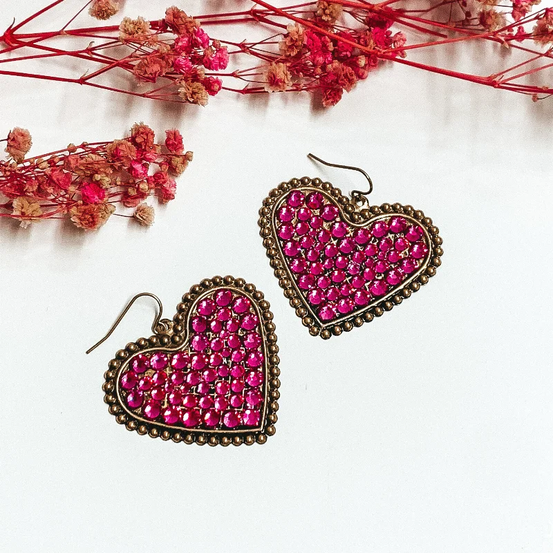 Trendy Drop Stud Earrings for Women-Bronze Tone Heart Earrings with Fuchsia Pink Crystals