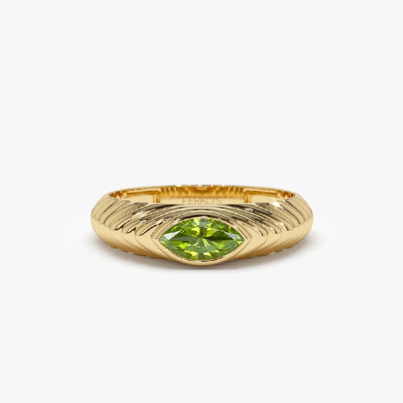 Unique Engagement Bands for Men-14k Marquise Shape Peridot Beveled Ring