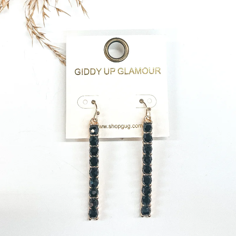 Dazzling Drop Earrings-Gold Rectangle Bar Drop Earrings with Black Crystal Beads