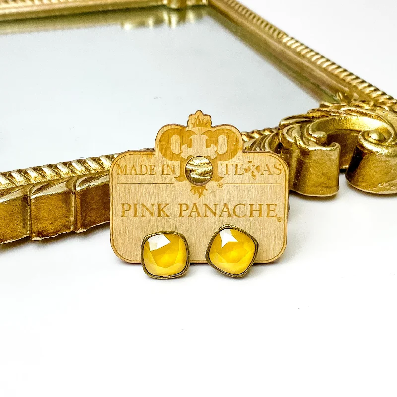 Luxury Crystal Earrings for Women-Pink Panache | Bronze Stud Earrings with Cushion Cut Crystals in Buttercup Yellow