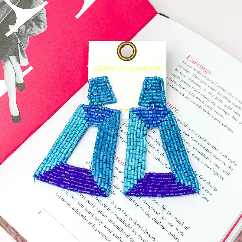 Custom Hoop Drop Earrings for Women-Beaded Rectangle Designed Earrings in Shades of Blue