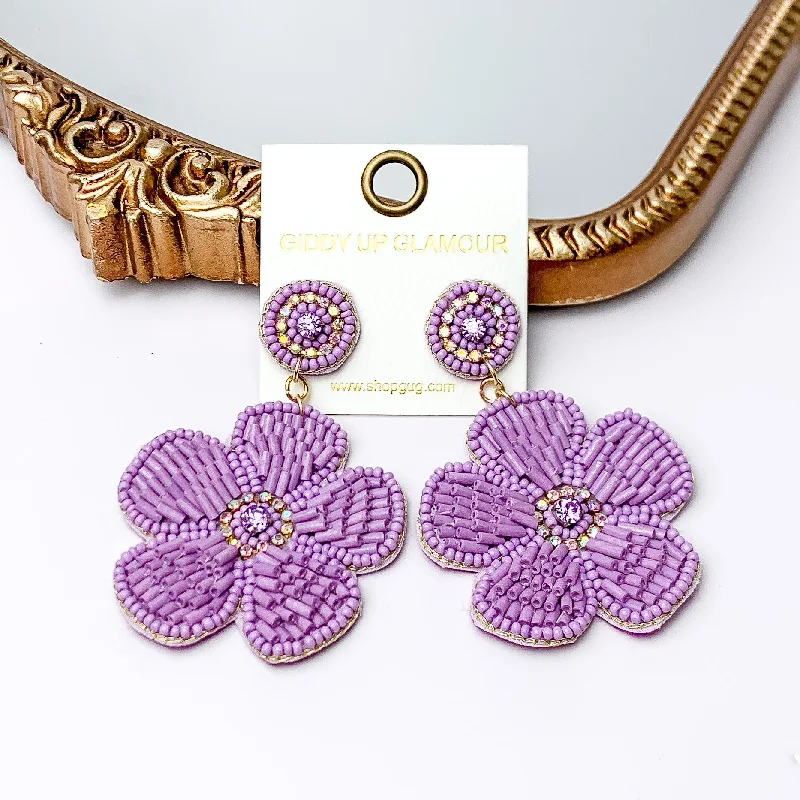 Crystal Dangle Earrings-Beaded Flower Earrings in Lavender with Crystal Stones