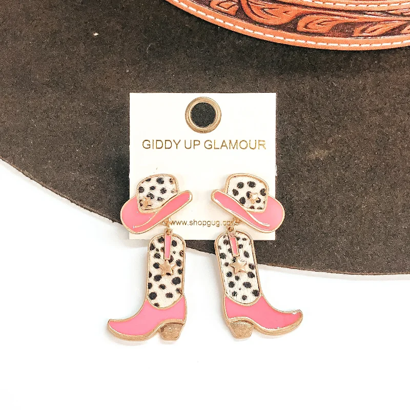 Handmade Hoop Earrings-Cowgirl Dreams Hat and Boot Earrings in Pink and Faux Hide  Dotted Print