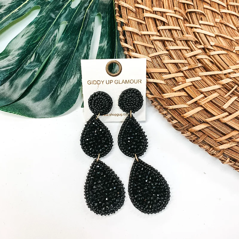 Classic Gold Earrings-Glass Seed Beaded Drop Earrings in Black