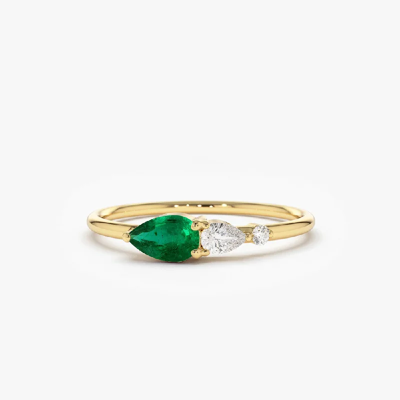 Men’s Custom Wedding Bands with Diamonds-14k Pear Shape Emerald and Diamond Ring