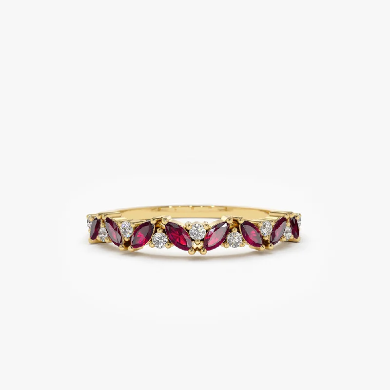 Engagement Rings with Colored Diamonds-14k Slanted Ruby and Round Diamond Ring