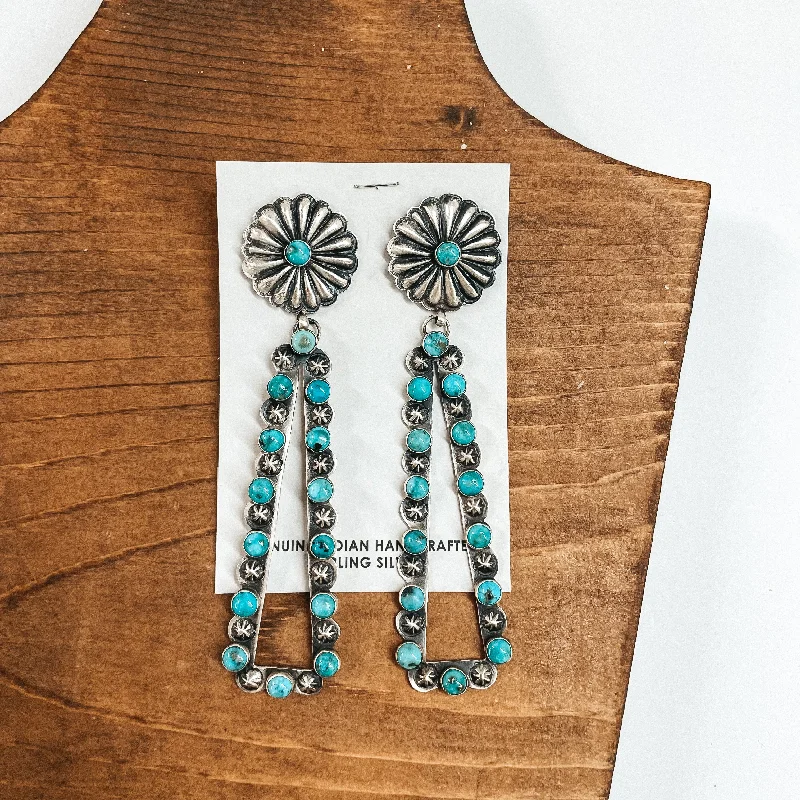 Luxury Silver Earrings-Eugene Charley | Navajo Handmade Sterling Silver Concho Post Earrings with Teardrop Outline Dangle with Turquoise Stones