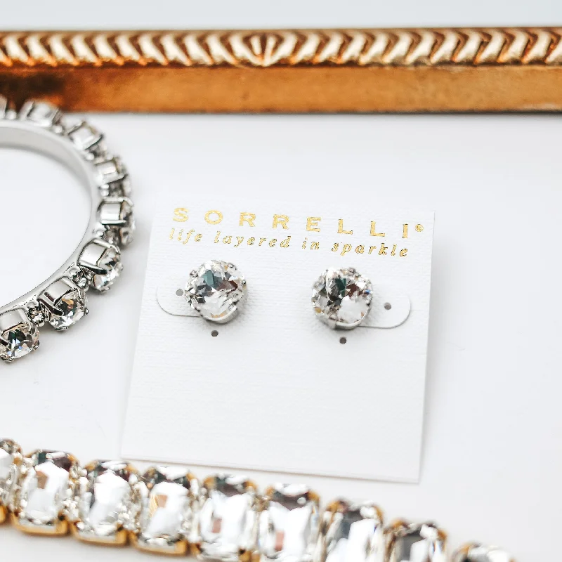 Customizable Hoop Earrings-Sorrelli | Round Stud Earrings in Palladium Silver Tone and Crystal