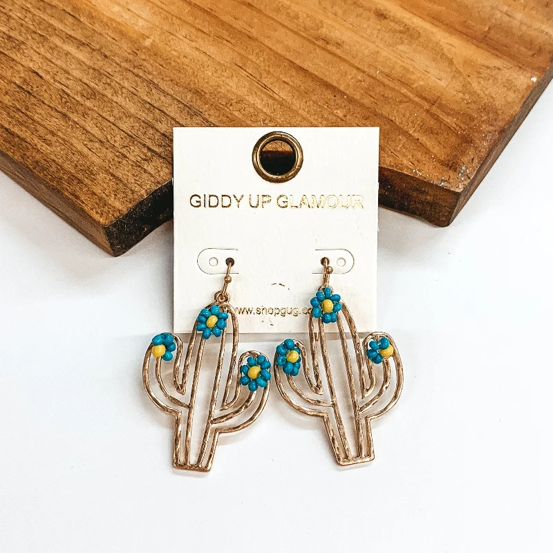 Designer Pearl Earrings-Gold Tone Cutout Cactus Earrings with Seedbeaded Flowers in Turquoise