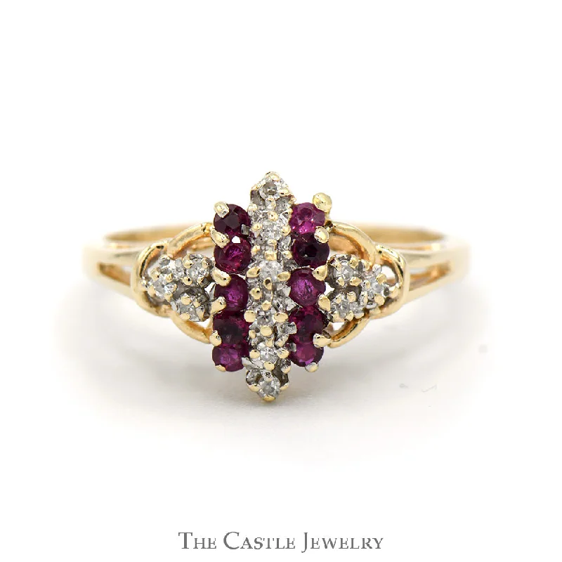 Designer Gold Wedding Rings-Tapered Ruby and Diamond Cluster Ring in 14k Yellow Gold