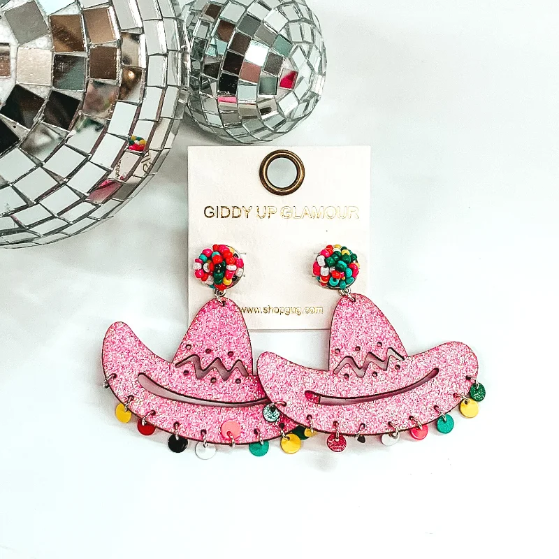 Classic Gemstone Earrings-Let's Fiesta! Glitter Hat Earrings In Pink